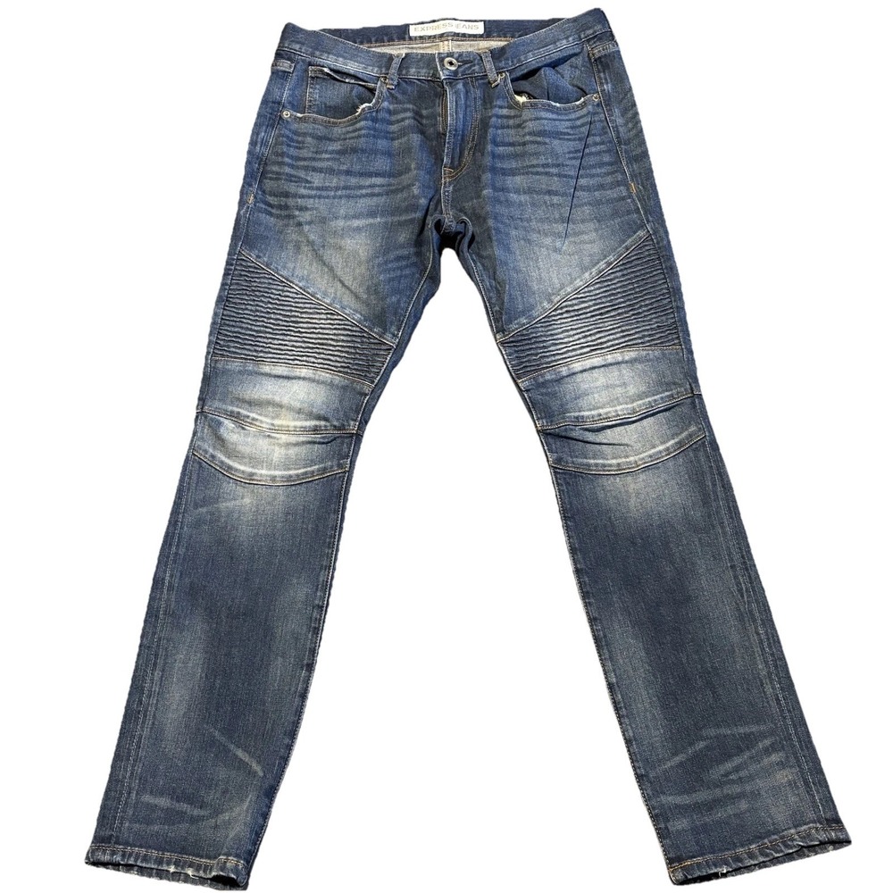 Express Alec‎ Jeans Mens 32x30 Blue Super Skinny Fit Moto Stretch Ribbed Knee
